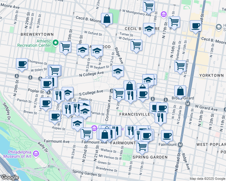 map of restaurants, bars, coffee shops, grocery stores, and more near 2025 W Girard Ave in Philadelphia