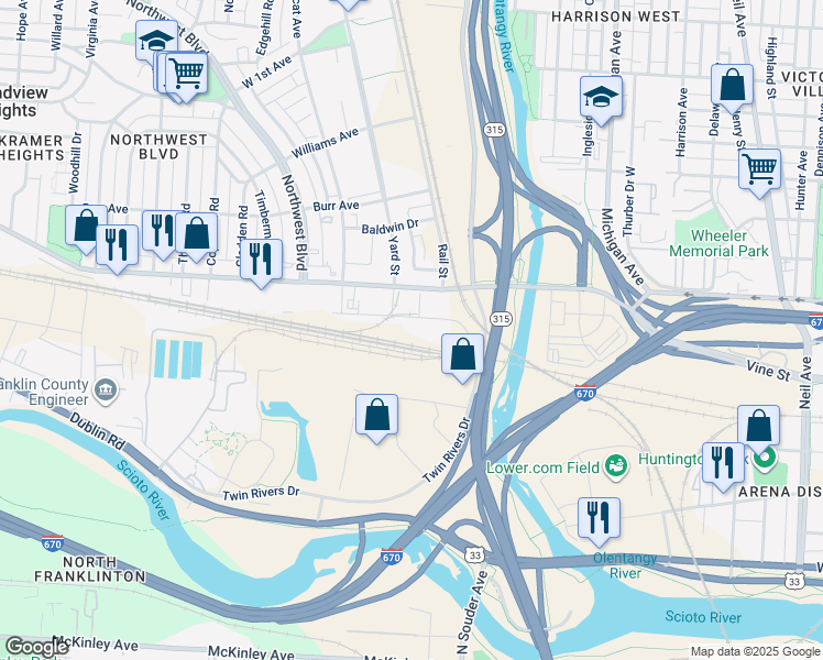 map of restaurants, bars, coffee shops, grocery stores, and more near 799 Goodale Boulevard in Columbus