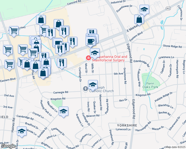 map of restaurants, bars, coffee shops, grocery stores, and more near 295 Mills Street in York