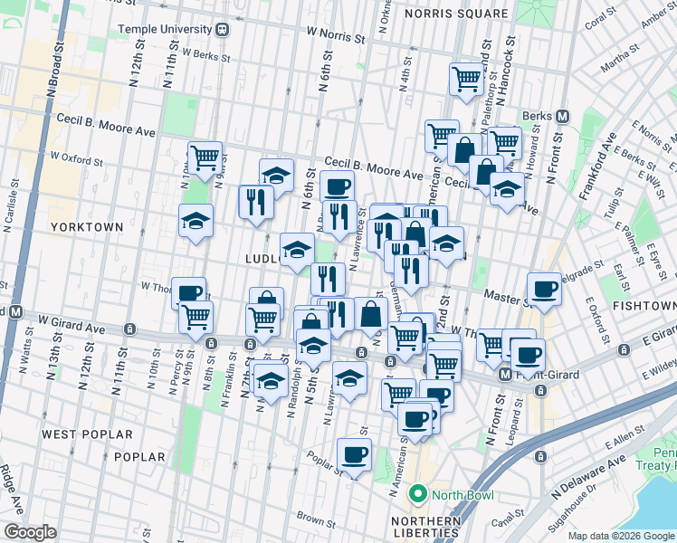 map of restaurants, bars, coffee shops, grocery stores, and more near 1435 North 5th Street in Philadelphia