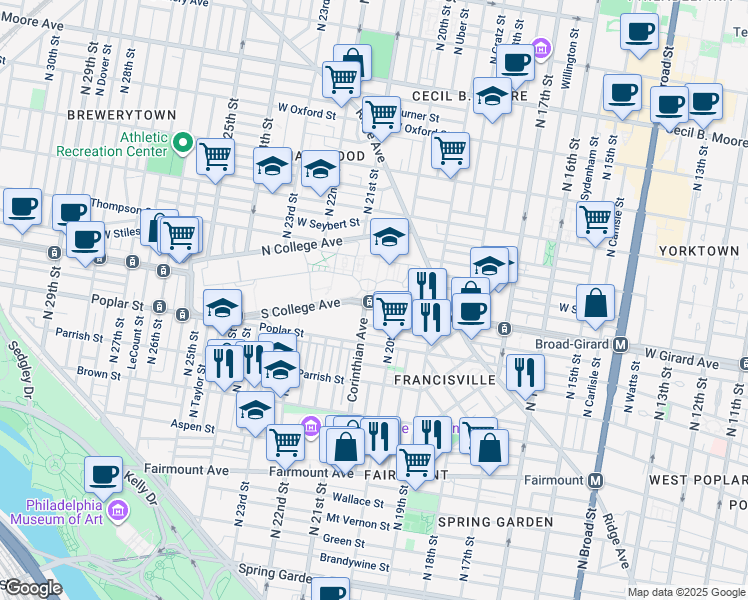 map of restaurants, bars, coffee shops, grocery stores, and more near 2025 W Girard Ave in Philadelphia