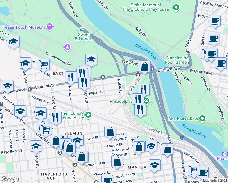 map of restaurants, bars, coffee shops, grocery stores, and more near 3828 Poplar Street in Philadelphia