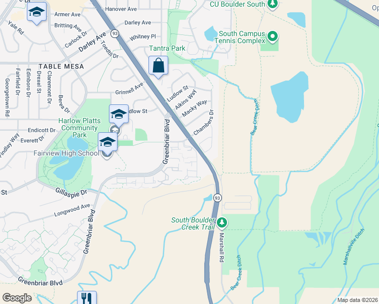 map of restaurants, bars, coffee shops, grocery stores, and more near 1504 Chambers Drive in Boulder