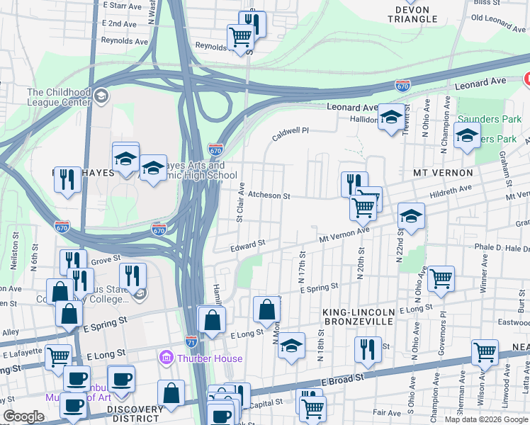 map of restaurants, bars, coffee shops, grocery stores, and more near 392 North Garfield Avenue in Columbus