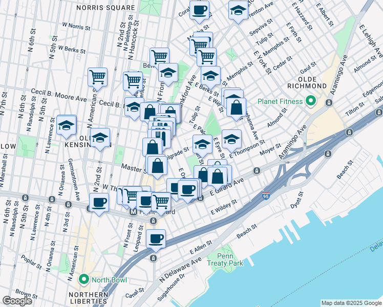 map of restaurants, bars, coffee shops, grocery stores, and more near 417 Livingston Street in Philadelphia