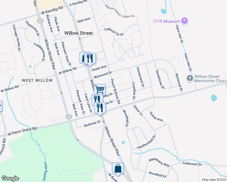 map of restaurants, bars, coffee shops, grocery stores, and more near 17 Casey Drive in Willow Street