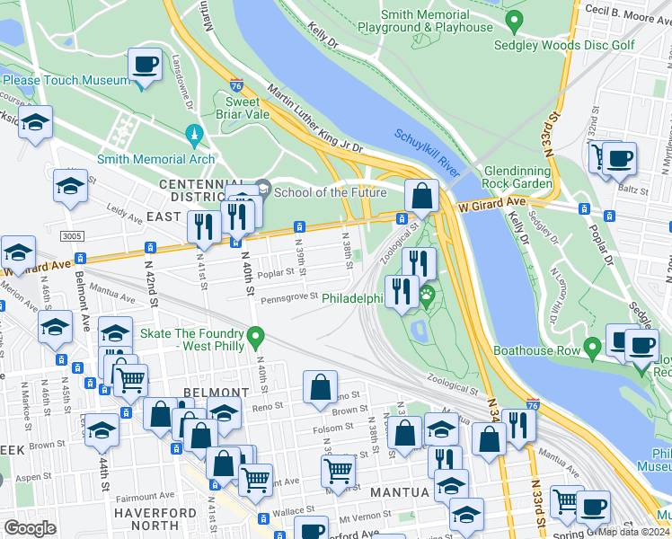 map of restaurants, bars, coffee shops, grocery stores, and more near 3820 Poplar Street in Philadelphia