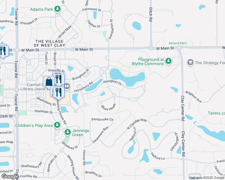map of restaurants, bars, coffee shops, grocery stores, and more near 1847 Hourglass Drive in Carmel