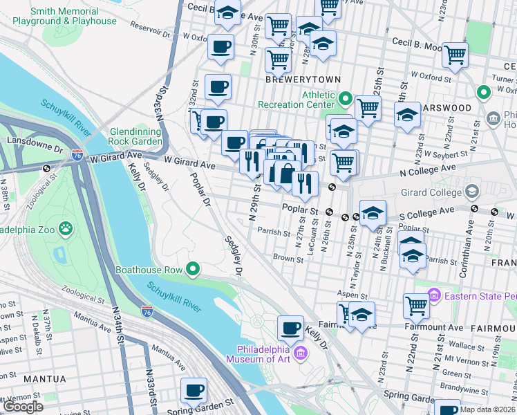 map of restaurants, bars, coffee shops, grocery stores, and more near 2834 Cambridge Street in Philadelphia
