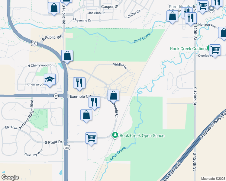 map of restaurants, bars, coffee shops, grocery stores, and more near 2500 South Public Road in Lafayette