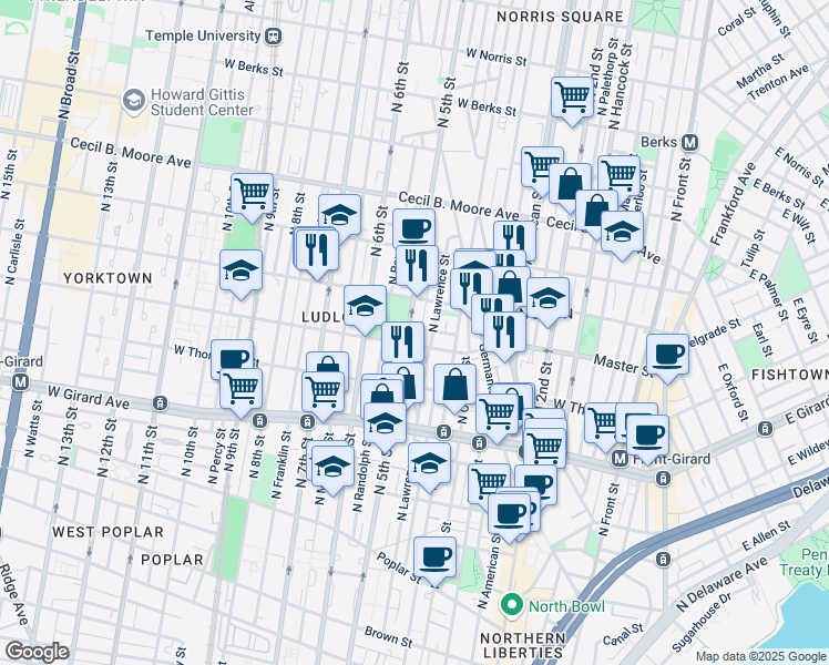 map of restaurants, bars, coffee shops, grocery stores, and more near 1401-25 North 5th Street in Philadelphia