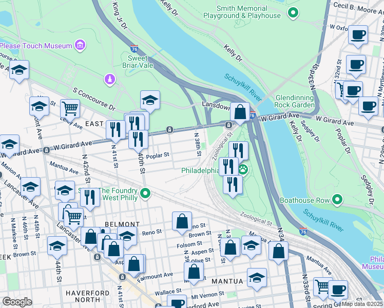 map of restaurants, bars, coffee shops, grocery stores, and more near 3816 Poplar Street in Philadelphia