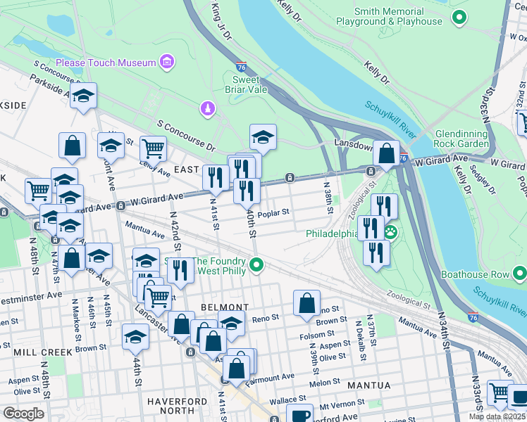 map of restaurants, bars, coffee shops, grocery stores, and more near 1105 Sloan Street in Philadelphia