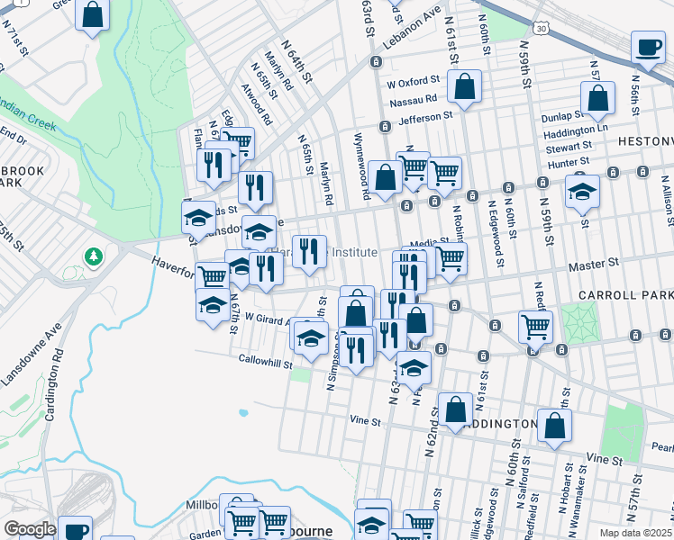 map of restaurants, bars, coffee shops, grocery stores, and more near 624 Marlyn Road in Philadelphia