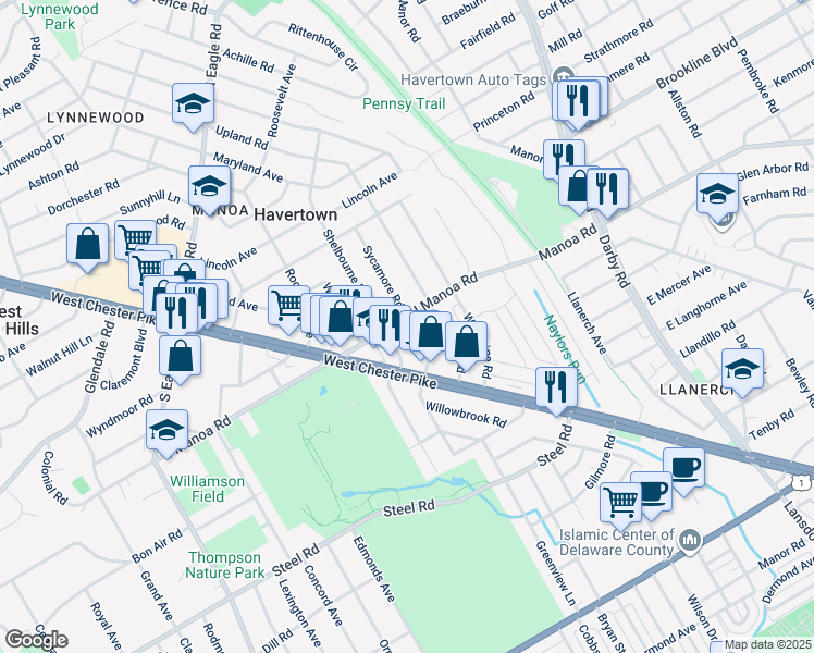 map of restaurants, bars, coffee shops, grocery stores, and more near 217 North Manoa Road in Havertown