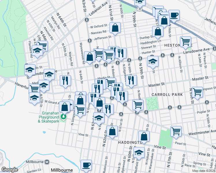 map of restaurants, bars, coffee shops, grocery stores, and more near 1443 North 62nd Street in Philadelphia