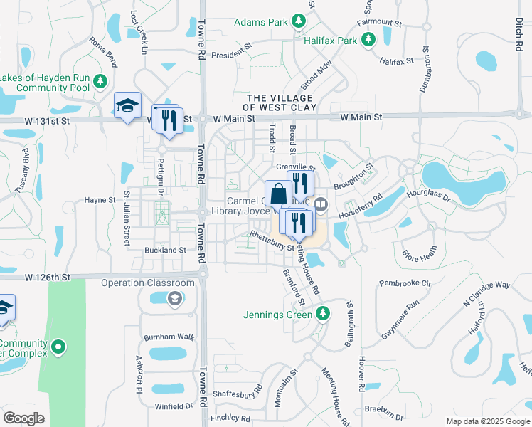 map of restaurants, bars, coffee shops, grocery stores, and more near 12880 University Crescent in Carmel