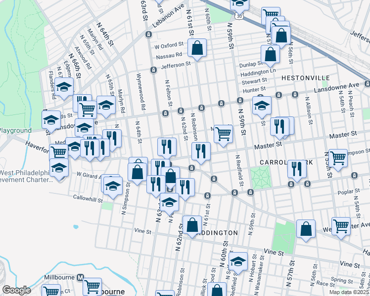 map of restaurants, bars, coffee shops, grocery stores, and more near 1424 North 62nd Street in Philadelphia