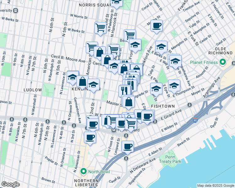map of restaurants, bars, coffee shops, grocery stores, and more near 1440 Hope Street in Philadelphia