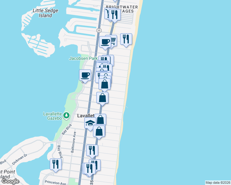 map of restaurants, bars, coffee shops, grocery stores, and more near 13 Reese Avenue in Lavallette