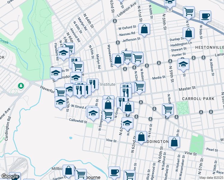map of restaurants, bars, coffee shops, grocery stores, and more near 623 North 64th Street in Philadelphia