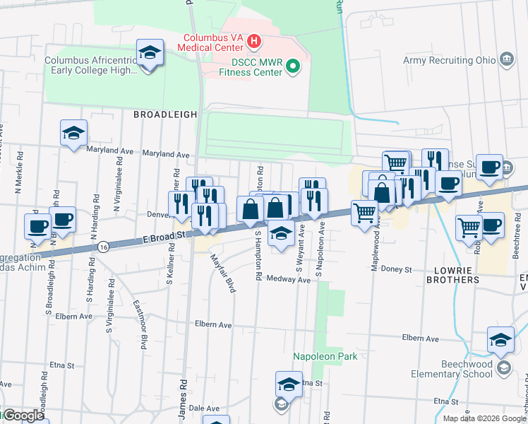 map of restaurants, bars, coffee shops, grocery stores, and more near 47 North Hampton Road in Columbus
