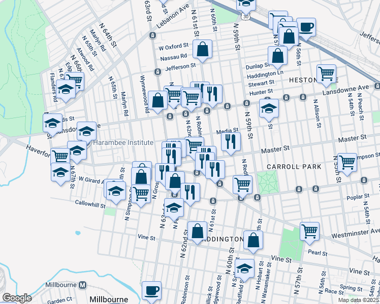 map of restaurants, bars, coffee shops, grocery stores, and more near 1424 North 62nd Street in Philadelphia