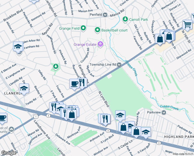 map of restaurants, bars, coffee shops, grocery stores, and more near 24 Myrtle Avenue in Havertown
