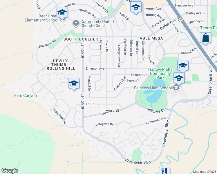 map of restaurants, bars, coffee shops, grocery stores, and more near 1480 Ithaca Drive in Boulder