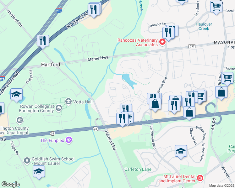 map of restaurants, bars, coffee shops, grocery stores, and more near 2206A Durham Court in Mount Laurel Township