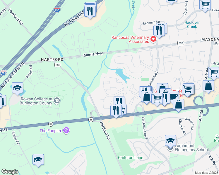 map of restaurants, bars, coffee shops, grocery stores, and more near 2206A Durham Court in Mount Laurel Township