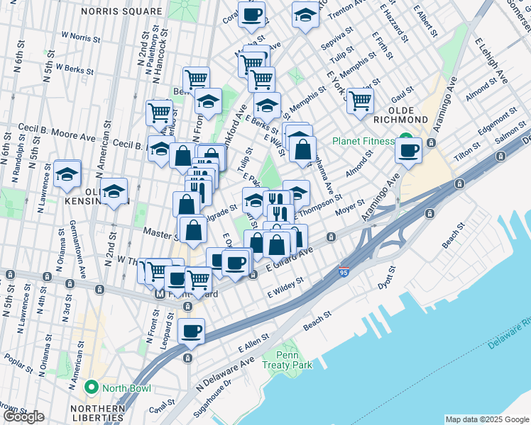 map of restaurants, bars, coffee shops, grocery stores, and more near 444 Belgrade Street in Philadelphia