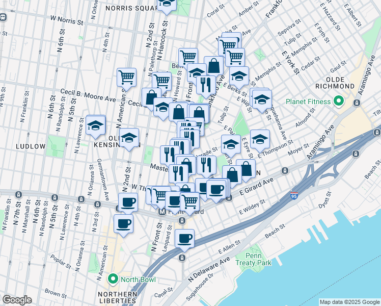 map of restaurants, bars, coffee shops, grocery stores, and more near in Philadelphia