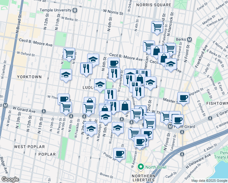 map of restaurants, bars, coffee shops, grocery stores, and more near 1435 North 5th Street in Philadelphia