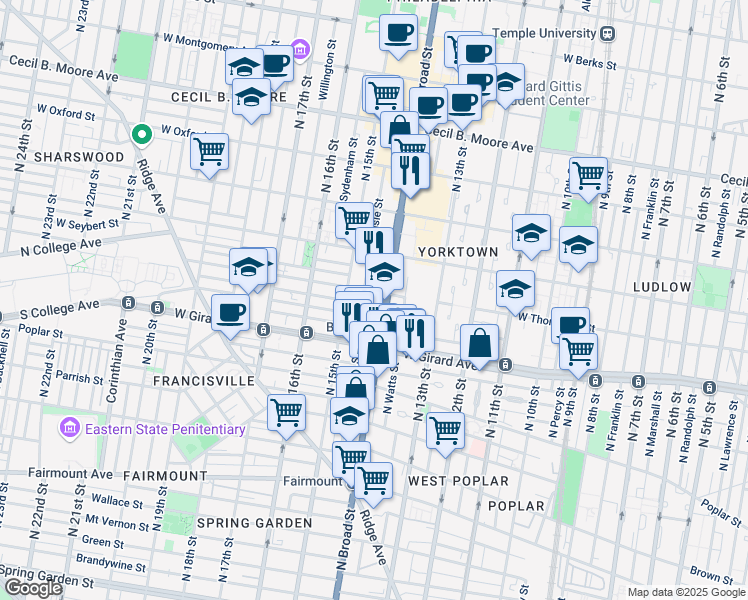 map of restaurants, bars, coffee shops, grocery stores, and more near 1304 North Broad Street in Philadelphia