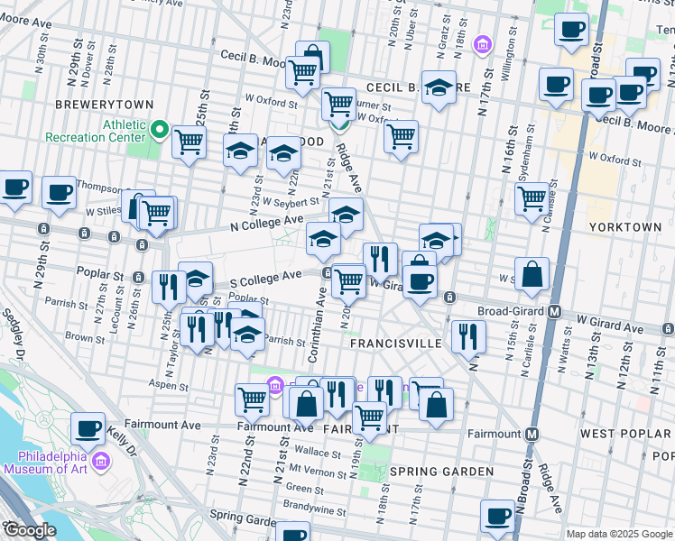 map of restaurants, bars, coffee shops, grocery stores, and more near 2103 South College Avenue in Philadelphia