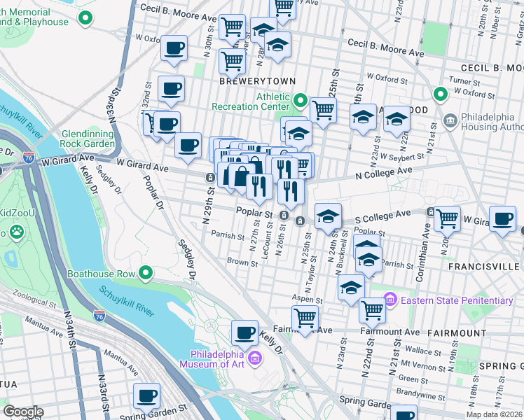 map of restaurants, bars, coffee shops, grocery stores, and more near in Philadelphia