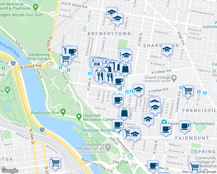 map of restaurants, bars, coffee shops, grocery stores, and more near in Philadelphia