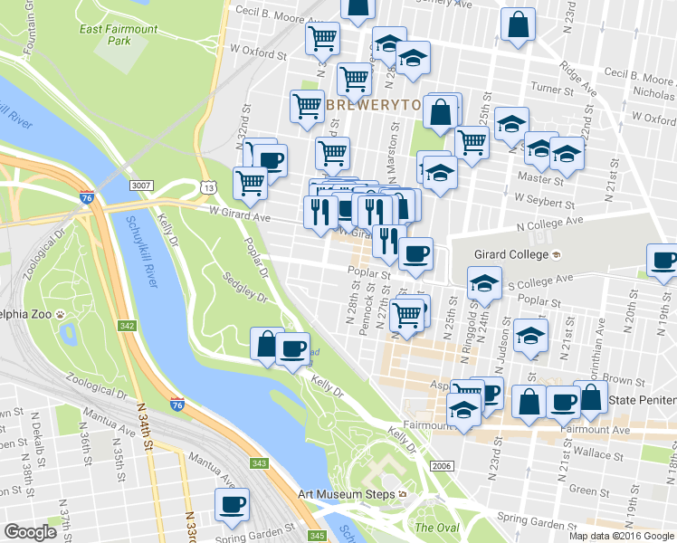 map of restaurants, bars, coffee shops, grocery stores, and more near 2834 Cambridge Street in Philadelphia