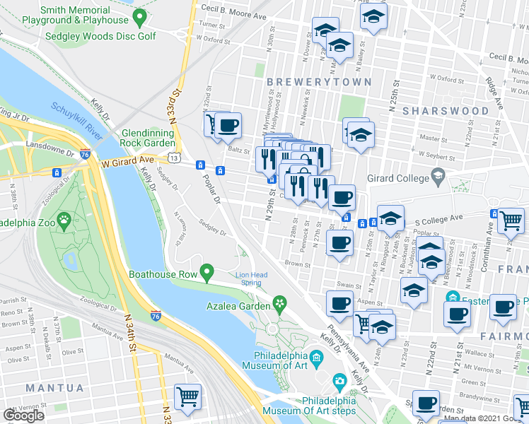 map of restaurants, bars, coffee shops, grocery stores, and more near in Philadelphia