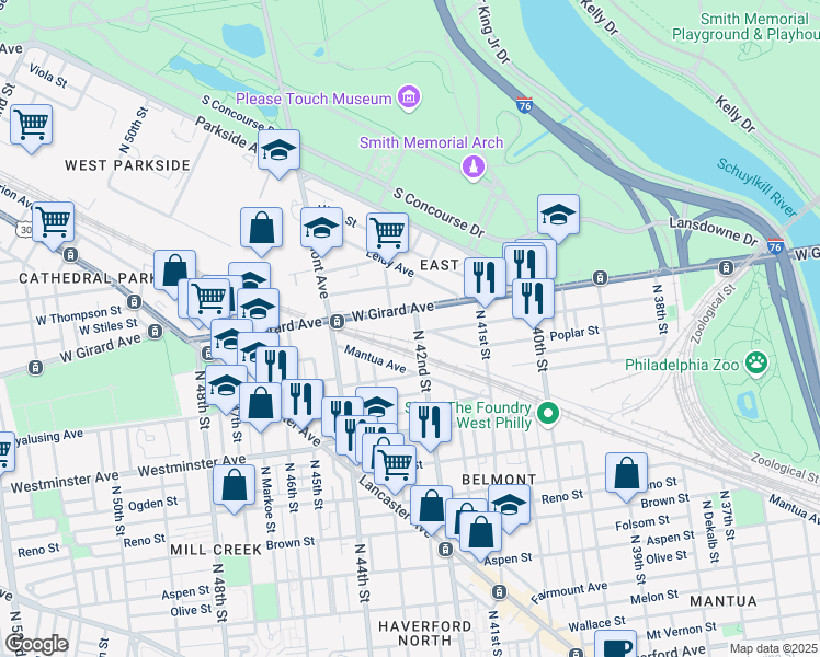 map of restaurants, bars, coffee shops, grocery stores, and more near 4141 West Girard Avenue in Philadelphia