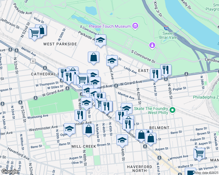 map of restaurants, bars, coffee shops, grocery stores, and more near 1206 Belmont Avenue in Philadelphia