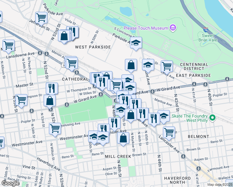 map of restaurants, bars, coffee shops, grocery stores, and more near 4819 Merion Avenue in Philadelphia
