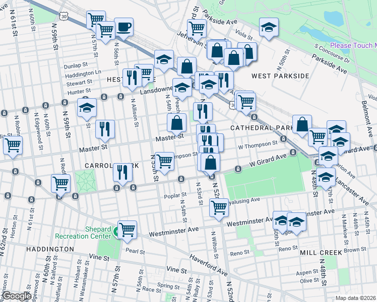 map of restaurants, bars, coffee shops, grocery stores, and more near 1324 North 53rd Street in Philadelphia