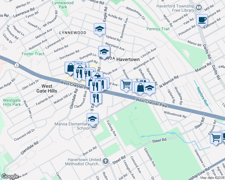 map of restaurants, bars, coffee shops, grocery stores, and more near 1146 Garfield Avenue in Havertown