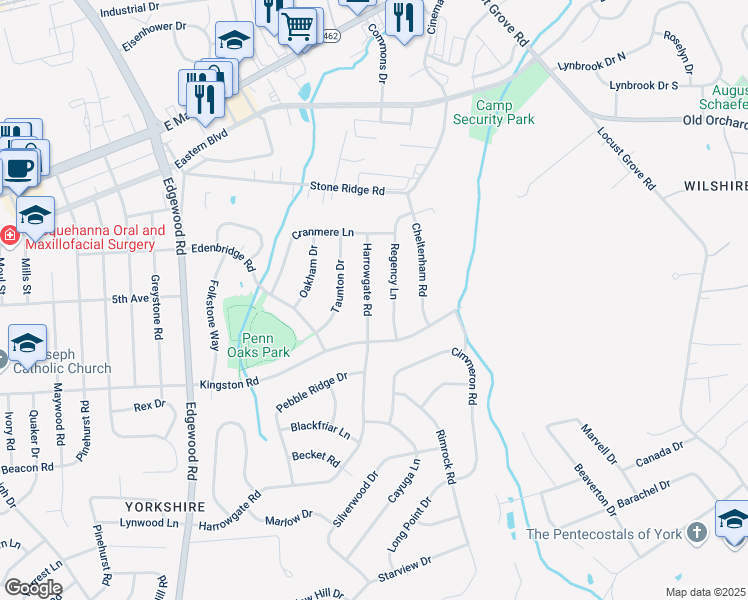 map of restaurants, bars, coffee shops, grocery stores, and more near 3641 Regency Lane in York