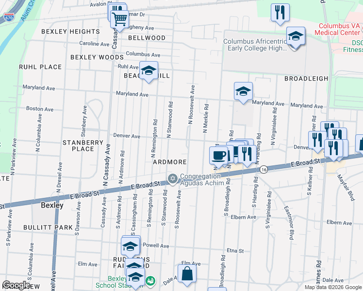map of restaurants, bars, coffee shops, grocery stores, and more near 131 Denver Avenue in Bexley