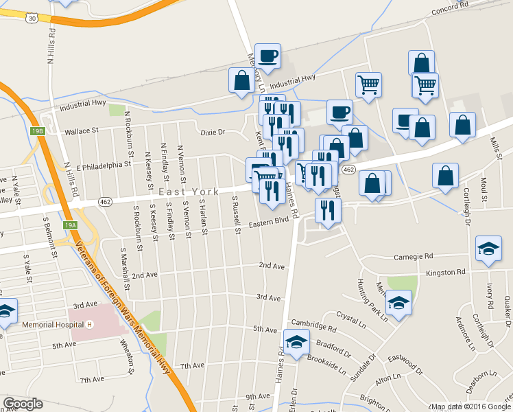 map of restaurants, bars, coffee shops, grocery stores, and more near 51 South Royal Street in York