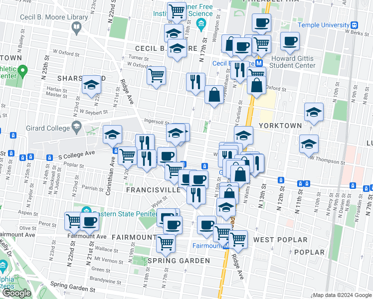 map of restaurants, bars, coffee shops, grocery stores, and more near N 17th St & W Stiles St in Philadelphia