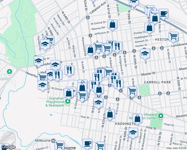 map of restaurants, bars, coffee shops, grocery stores, and more near 639 Wynnewood Road in Philadelphia